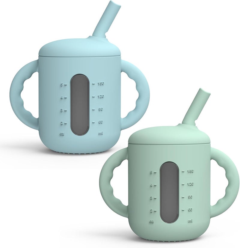 Seposeve 2 Pack Silicone Sippy Cups, Leak-Proof Baby Straw Cup for 6-12 Months, Spill Proof Toddler Cup with Straw 1-3 Years, with Capacity Marking, Non-slip Handle, Flow Control, 6 oz, Green Blue - Image 1